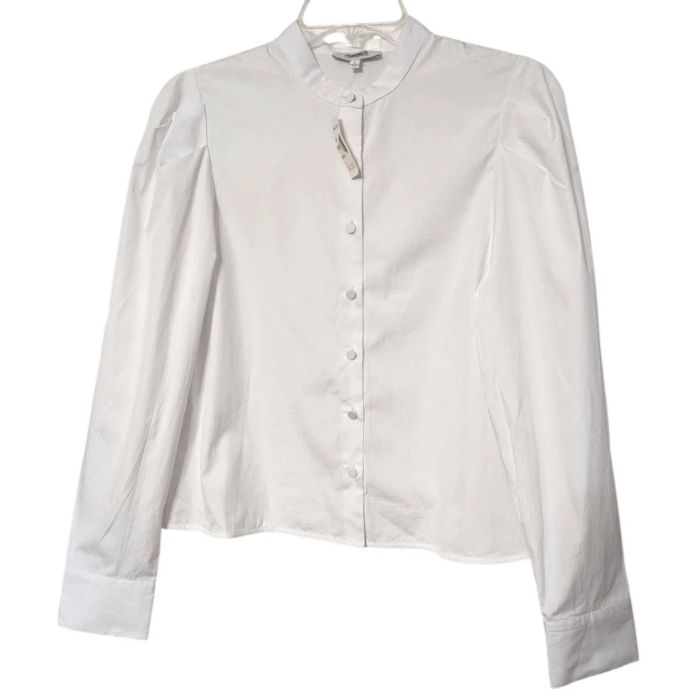 Madewell Puff Sleeve Button Down Band Collar Shirt White Cotton Poplin Blouse S - Picture 5 of 13